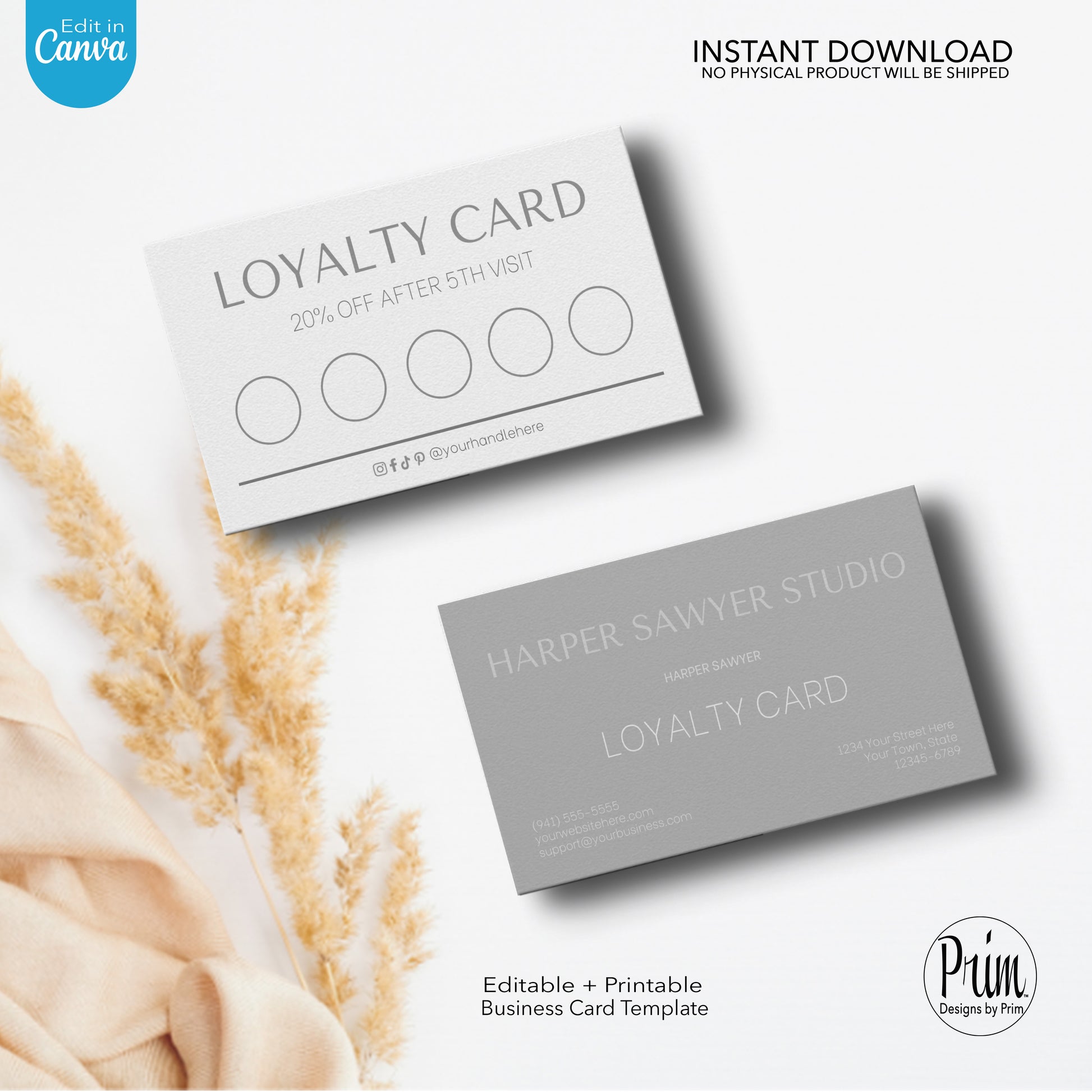 Designs by Prim Simply Modern Loyalty Card Template | Editable Customer Card | Health Beauty Hair Business Template | Design Studio | Realtor Card Template