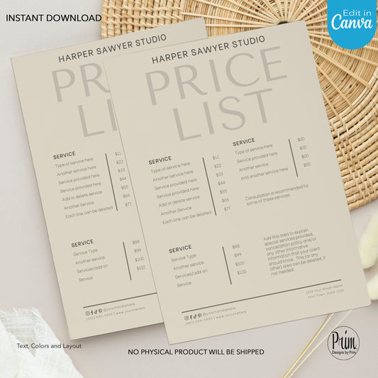 Simply Modern Business Price List Card | Editable Pricelist Template| Business Card Template | Offered Card | Products Services Template
