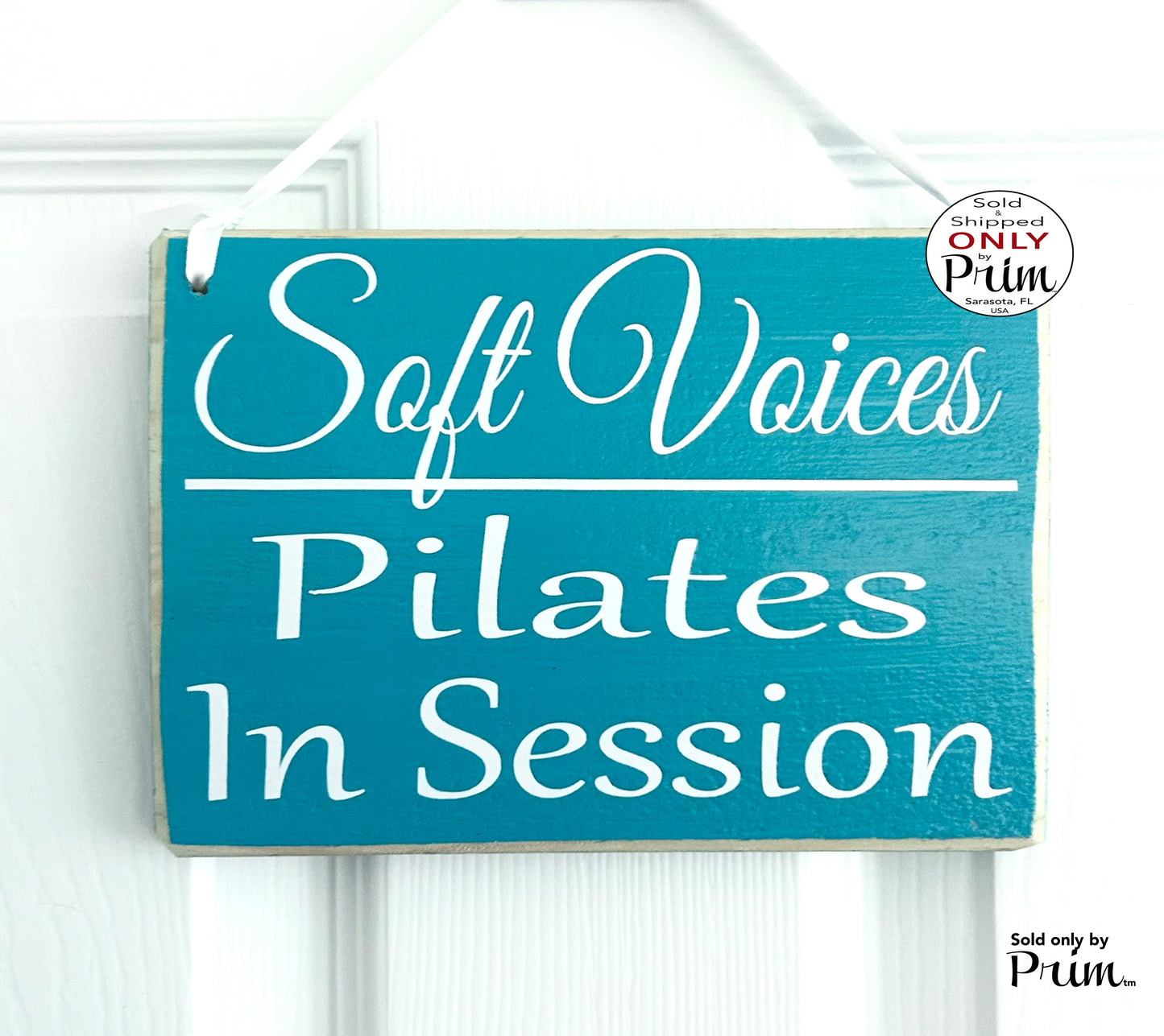 Designs by Prim 8x6 Soft Voices Pilates In Session Custom Wood Sign Class In Session Please Do Not Disturb | Fitness Yoga Namaste Relaxation Door Plaque