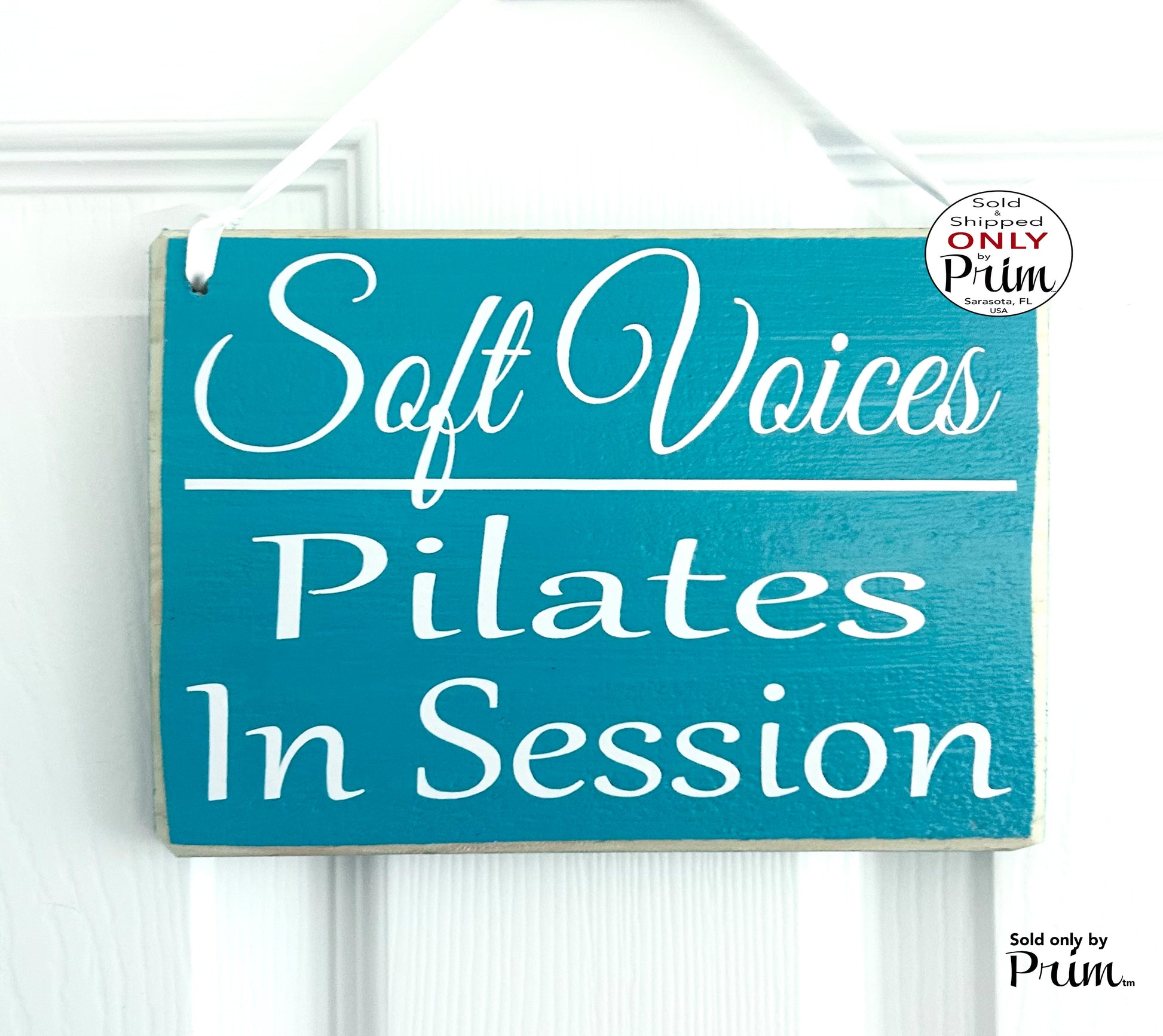 Designs by Prim 8x6 Soft Voices Pilates In Session Custom Wood Sign Class In Session Please Do Not Disturb | Fitness Yoga Namaste Relaxation Door Plaque