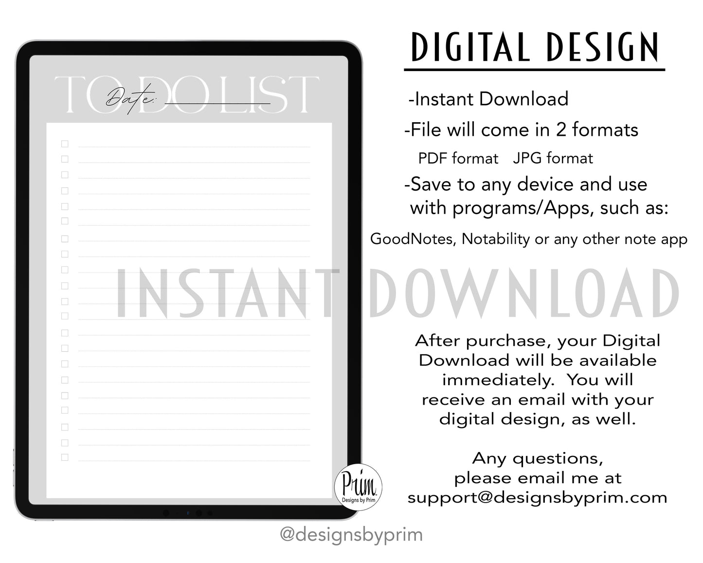 Designs by Prim To-Do List Digital Printable Planner Gray | Daily Planner Productivity Tool Task Management Time Manager Checklist Organizer Personal Task