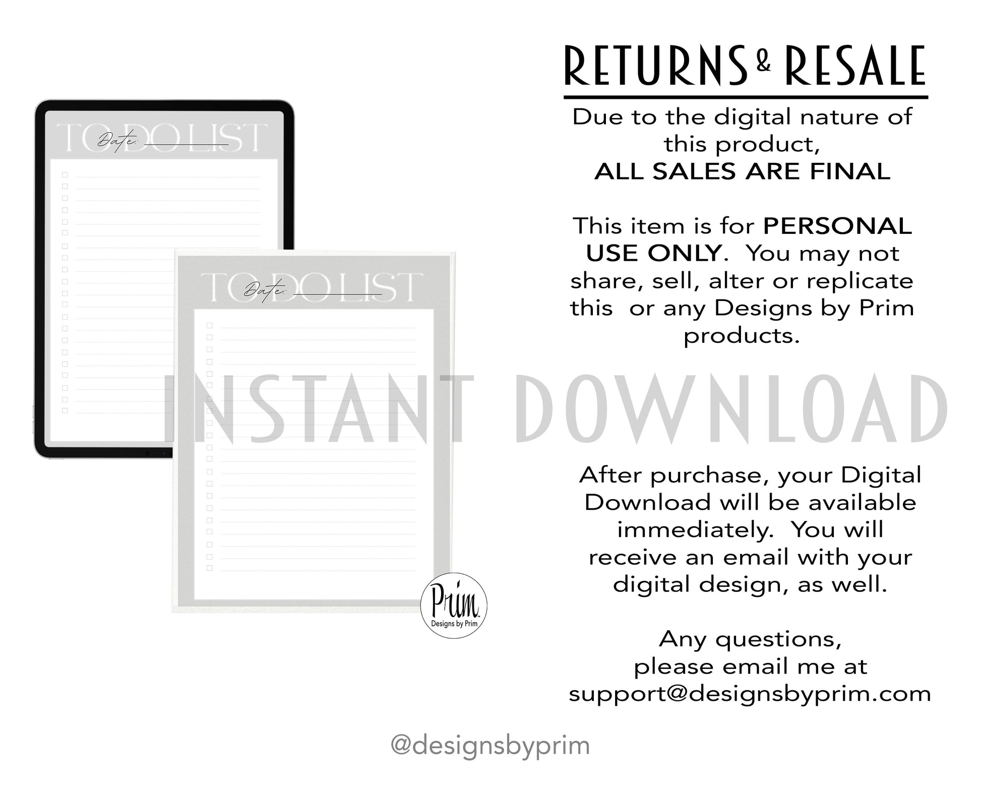 Designs by Prim To-Do List Digital Printable Planner Gray | Daily Planner Productivity Tool Task Management Time Manager Checklist Organizer Personal Task