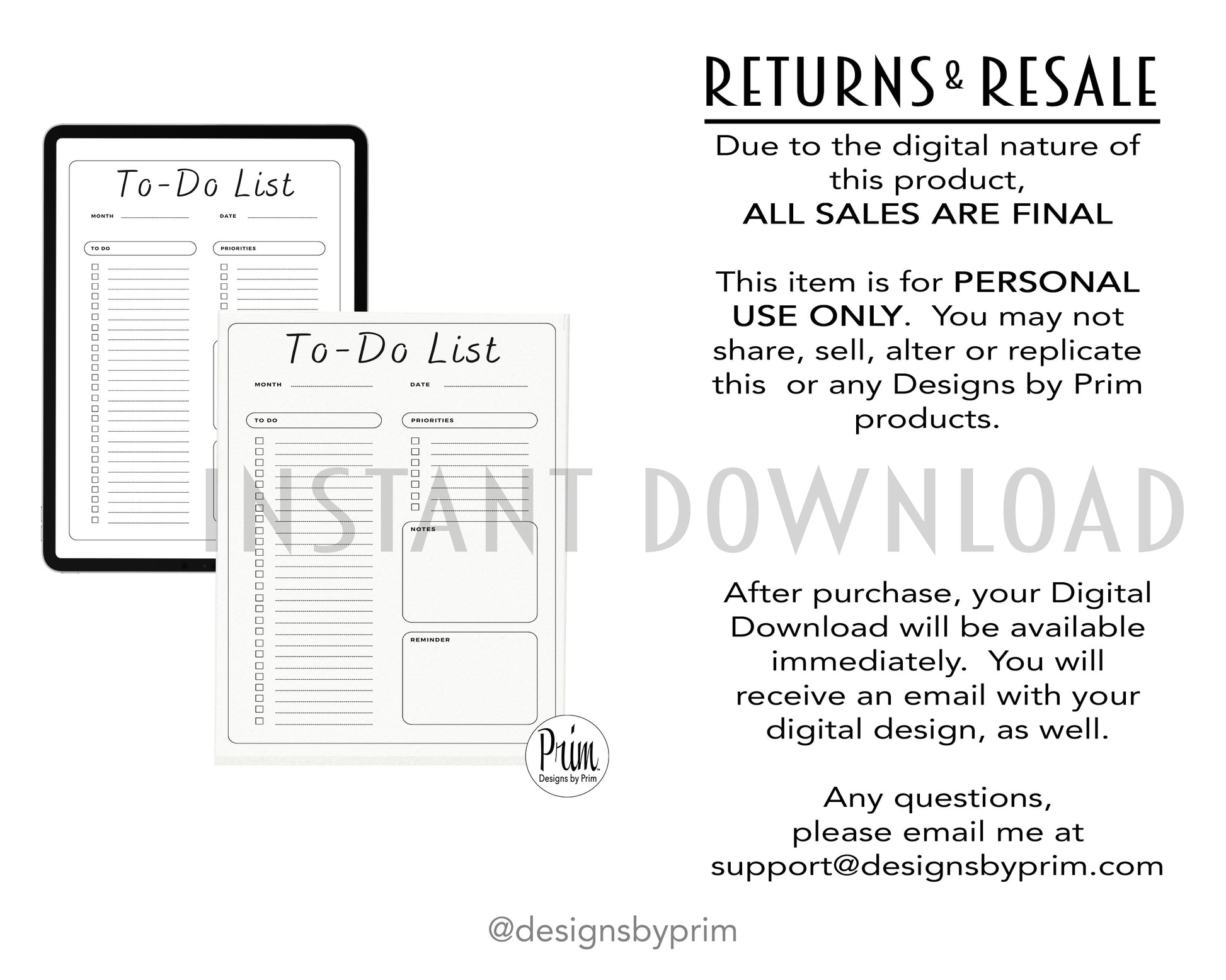 Designs by Prim To-Do List Digital Printable Planner Backerie | Daily Planner Productivity Tool Task Management Time Manager Checklist Organizer Personal Task