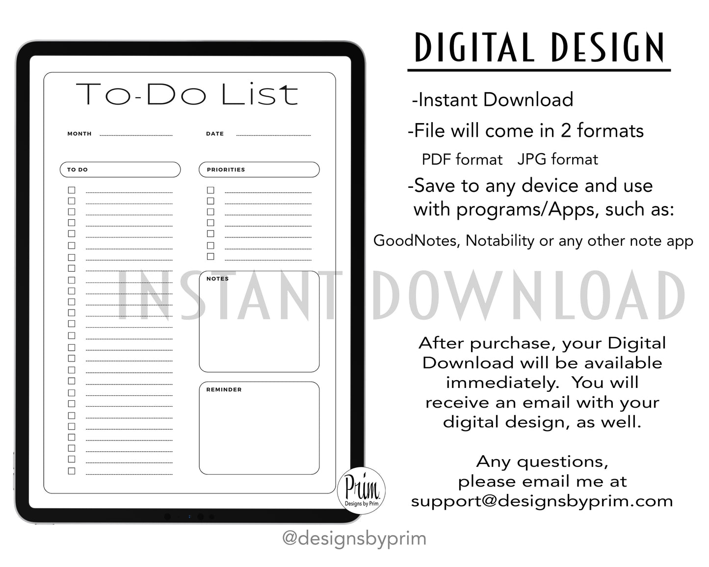 Designs by Prim To-Do List Digital Printable Planner Belgin | Daily Planner Productivity Tool Task Management Time Manager Checklist Organizer Personal Task