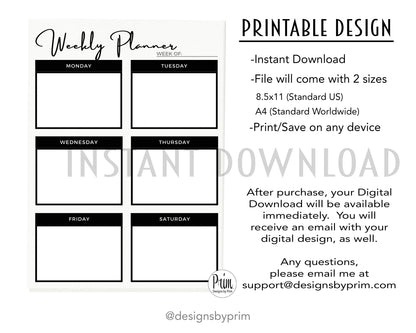 Designs by Prim Weekly Planner Undated Black | Mood Tracker Fitness Exercise Water Intake Meal Tracker Goals Appointments Weather Reminder Brain Dump