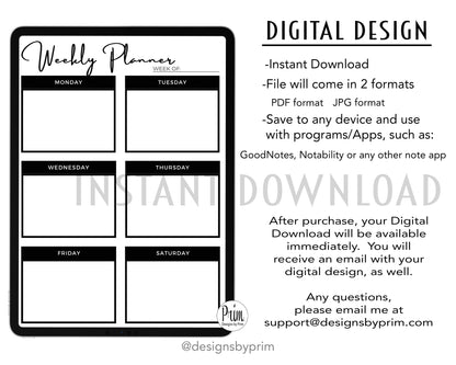 Designs by Prim Weekly Planner Undated Black | Mood Tracker Fitness Exercise Water Intake Meal Tracker Goals Appointments Weather Reminder Brain Dump