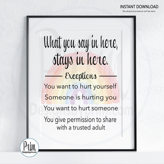 Designs by Prim Designs by Prim What You Say in Here Stays in Here School Counselor Sign, Psychologist Sign, Therapist door sign, Class Instant Download, Printable Poster