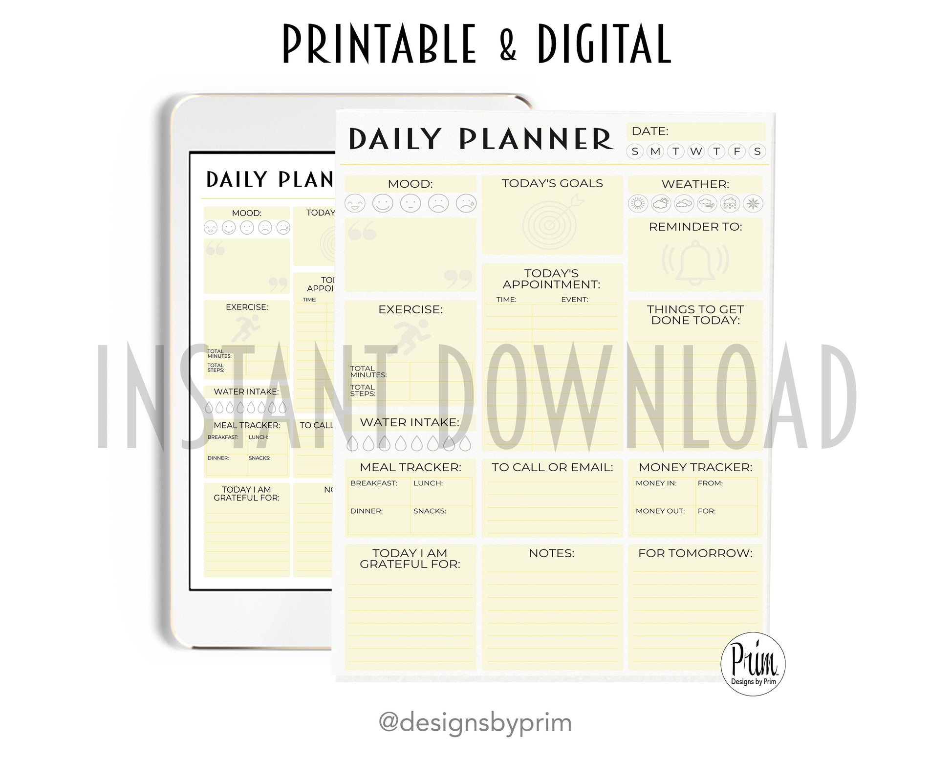 Designs by Prim Daily Planner Undated Yellow | Mood Tracker Fitness Exercise Water Intake Meal Tracker Goals Appointments Weather Reminder Money Tracker