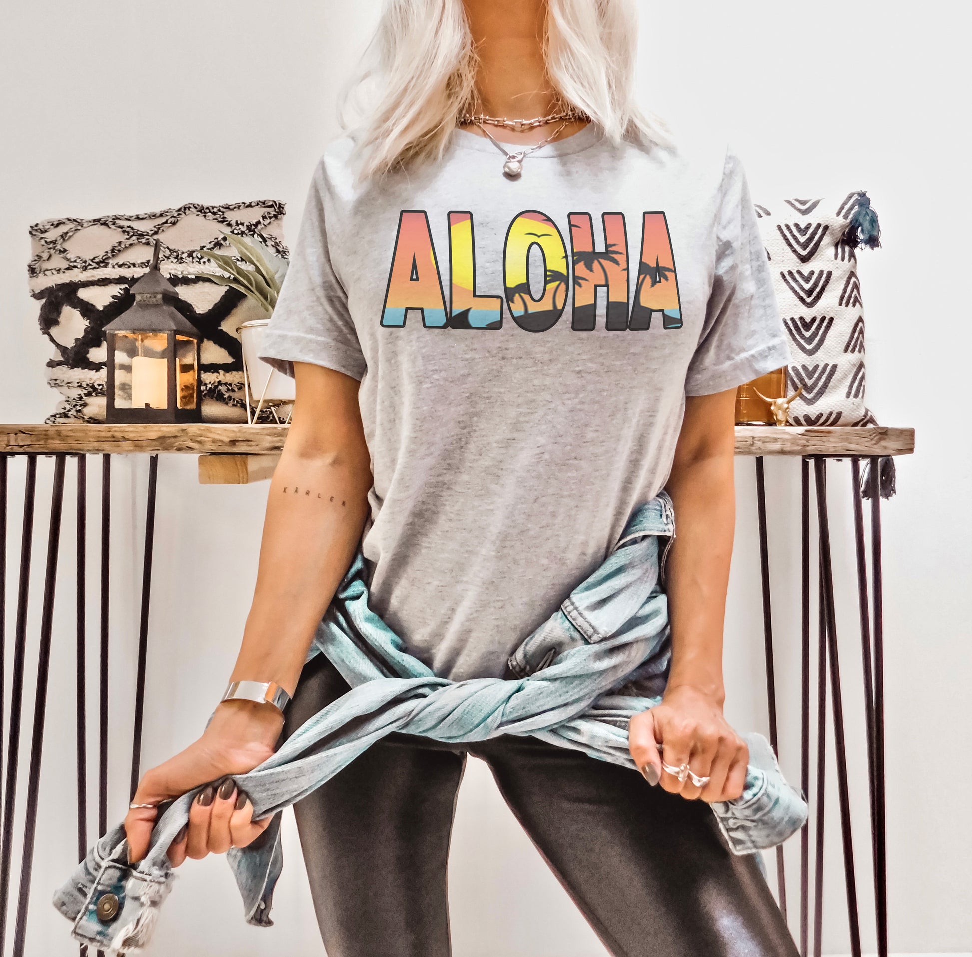 Designs by Prim Aloha Hawaiian Tropical Soft Unisex Shirt | Hawaii Oahu Honolulu Da Kine Hello Sunset Palms North Shore Graphic Tee Shirt