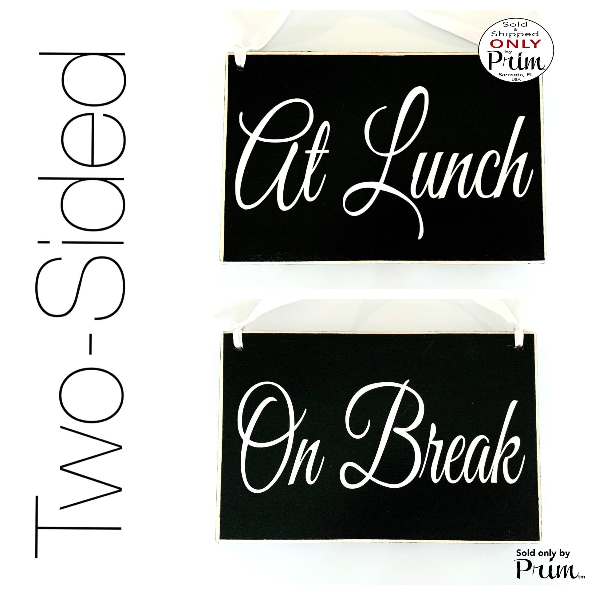 Designs by Prim At Lunch At Break Two Sided 8x6 Out of Office Sorry We Missed You Welcome Come On In Custom Wood Sign Open Closed Spa Salon Office Door Hanger