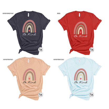 Designs by Prim Be Kind Boho Rainbow Soft Unisex T-Shirt | Women Inspirational Positive Quote Love Heart Rainbow Graphic Top