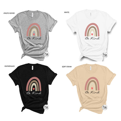 Designs by Prim Be Kind Boho Rainbow Soft Unisex T-Shirt | Women Inspirational Positive Quote Love Heart Rainbow Graphic Top