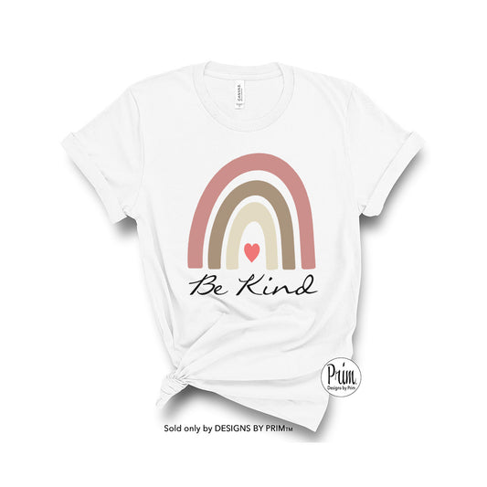 Designs by Prim Be Kind Boho Rainbow Soft Unisex T-Shirt | Women Inspirational Positive Quote Love Heart Rainbow Graphic Top