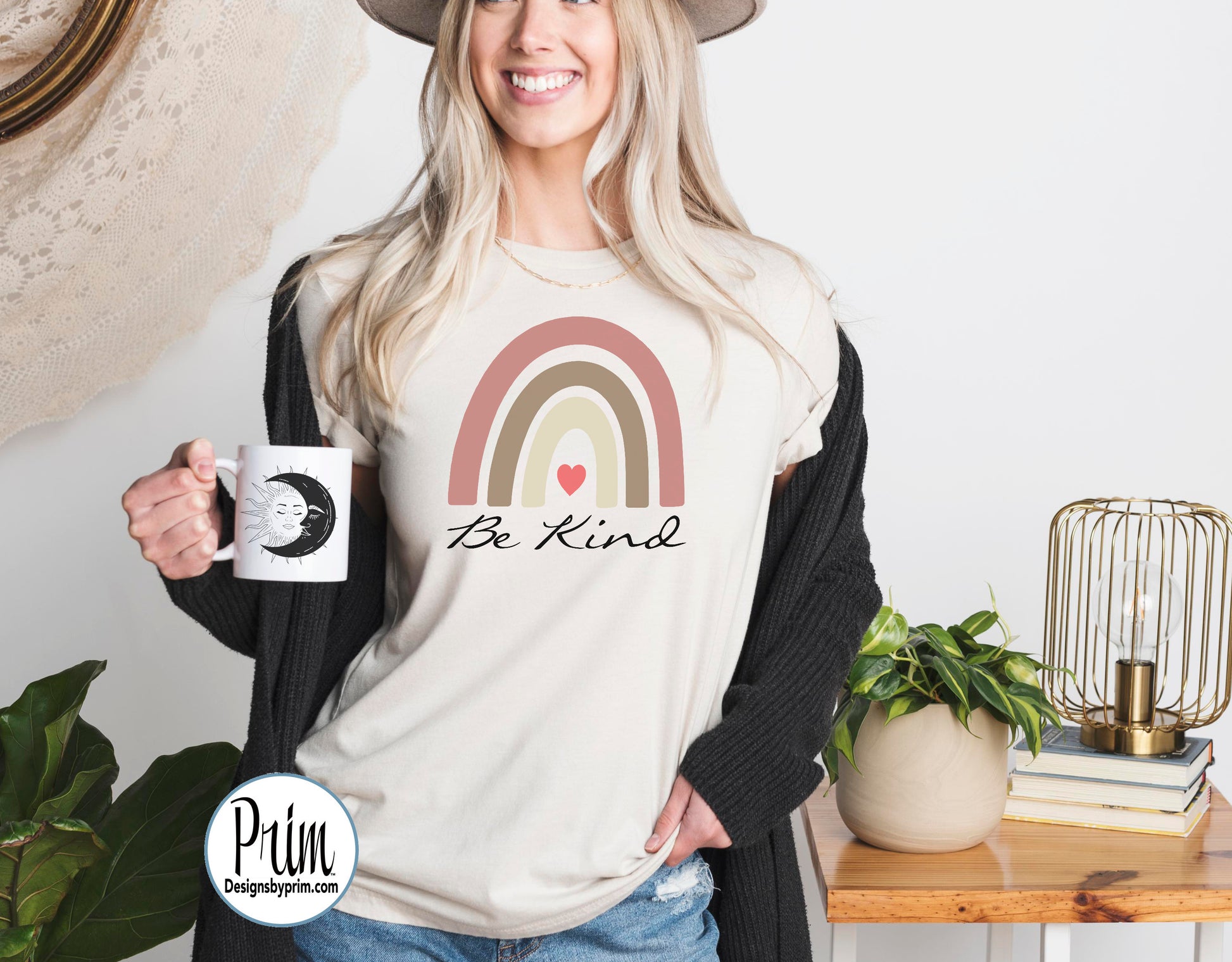 Designs by Prim Be Kind Boho Rainbow Soft Unisex T-Shirt | Women Inspirational Positive Quote Love Heart Rainbow Graphic Top