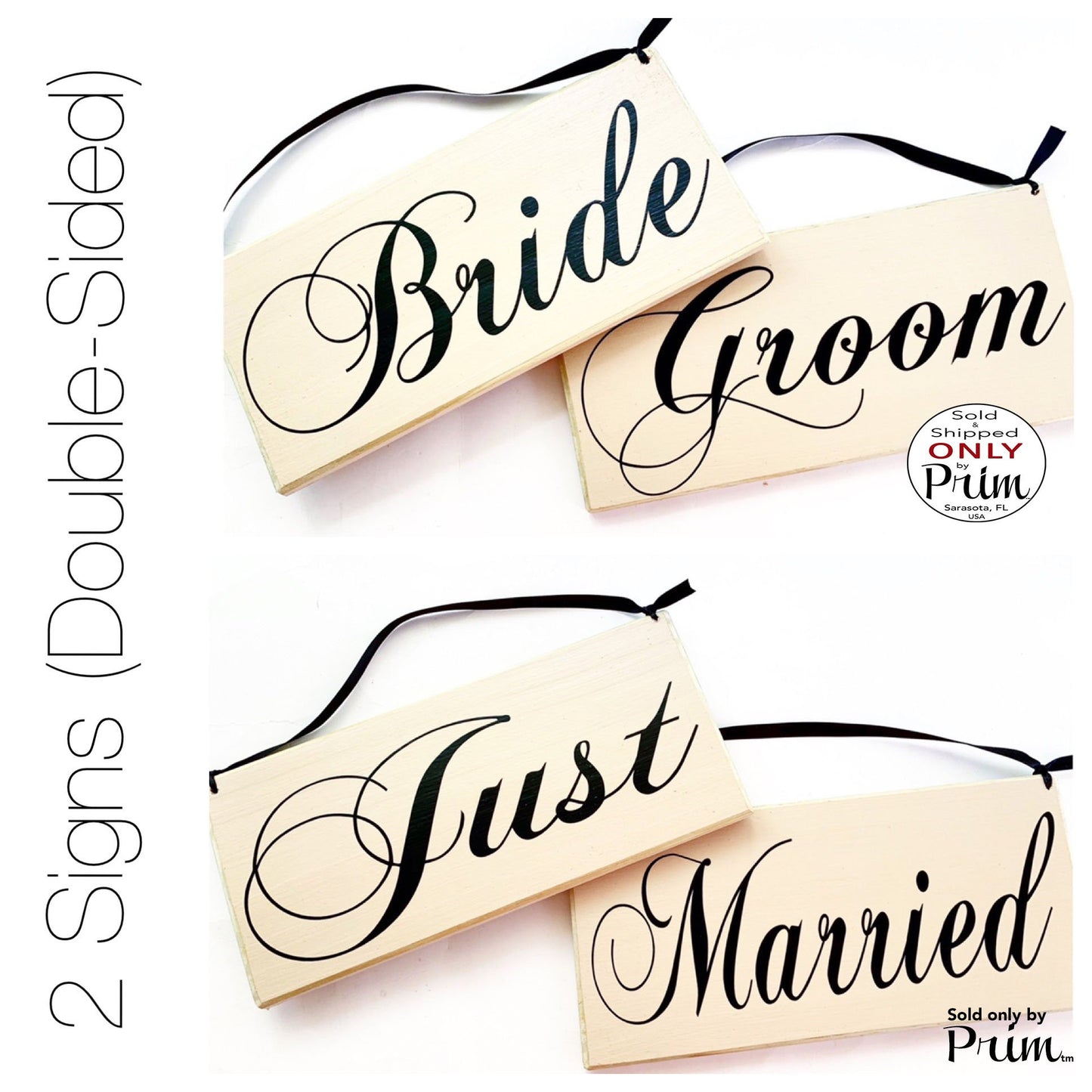 10x6 Just Married Bride Groom Double Sided (Choose Color) Custom Wedding His Hers Yours Mine Love Welcome Plaque Wood Signs (Set of 2)