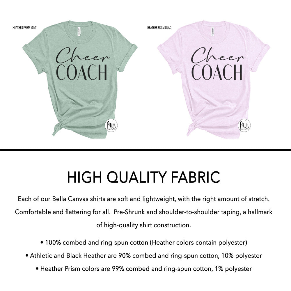 Designs by Prim Cheer Coach Soft Unisex T-Shirt | Cheerleader Cheerleading Squad Fitness Instructor High School Football Training Pom Pom Dance Top