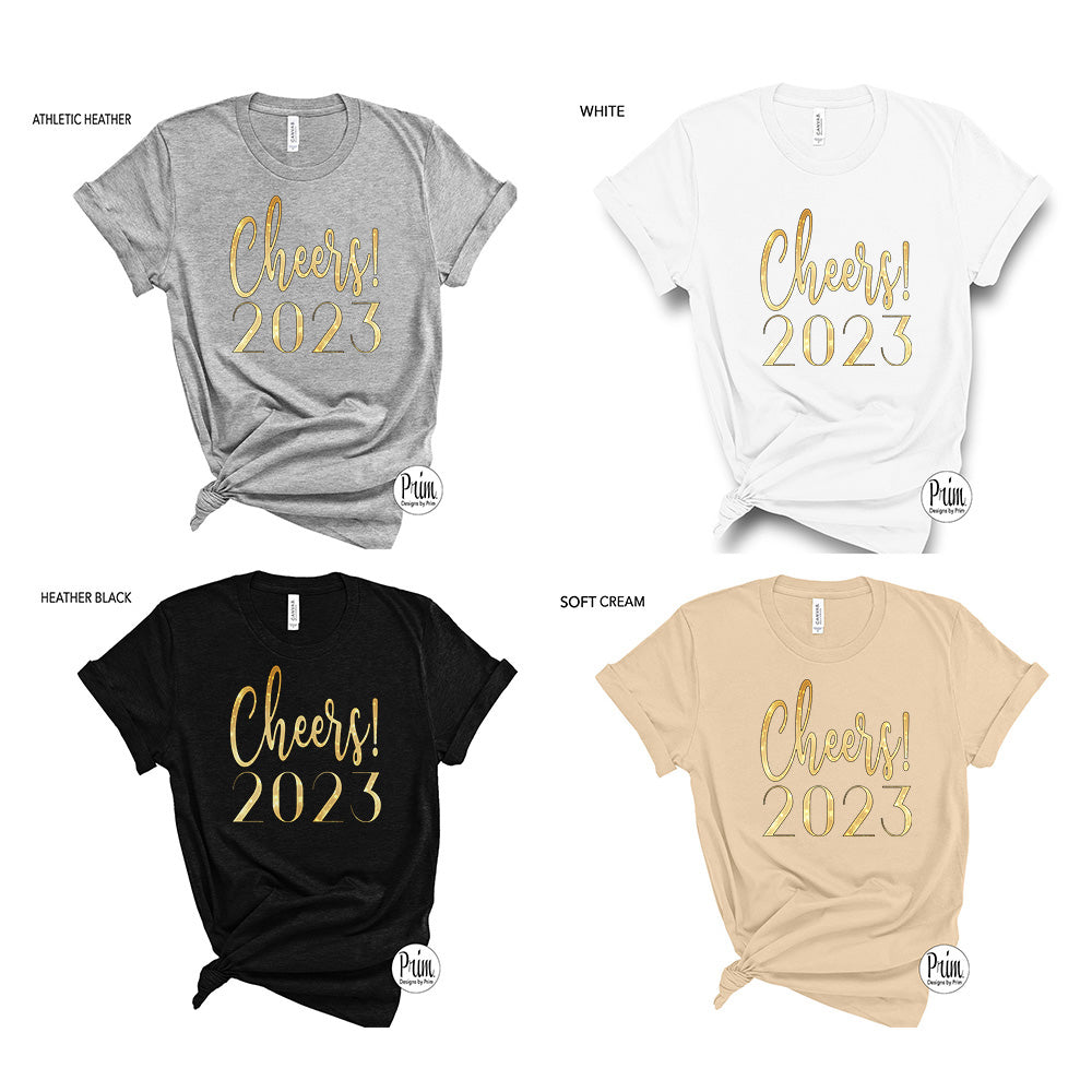 Designs by Prim Cheers 2023 Happy New Year Soft Unisex Shirt | NYE Christmas Family Reunion New Beginnings New Years Gift Graphic Tee Top