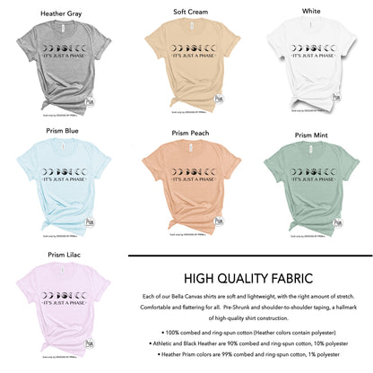 Designs by Prim It's Just a Phase Soft Unisex T-Shirt | Celestial Astronomy Moon Boho Space Crescent Top