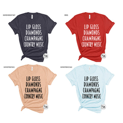 Designs by Prim Lip Gloss Diamonds Champagne Country Music Funny Concert Soft Unisex T-Shirt | Country Music Tickets Event Top