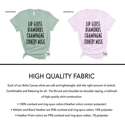 Designs by Prim Lip Gloss Diamonds Champagne Country Music Funny Concert Soft Unisex T-Shirt | Country Music Tickets Event Top