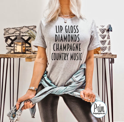 Designs by Prim Lip Gloss Diamonds Champagne Country Music Funny Concert Soft Unisex T-Shirt | Country Music Tickets Event Top