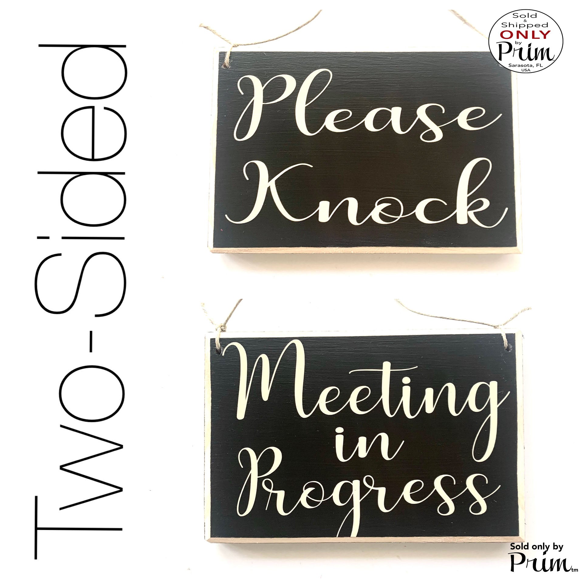 Two Sided 8x6 Please Knock Meeting In Progress Custom Wood Sign | Please Do Not Disturb Office Front Door Spa Salon Office Plaque Hanger Designs by Prim