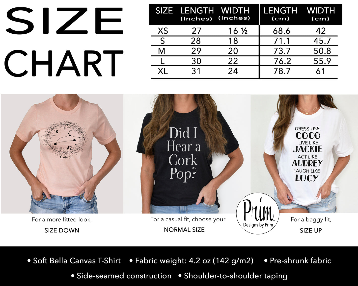 Designs by Prim custom graphic tee top shirts size chart