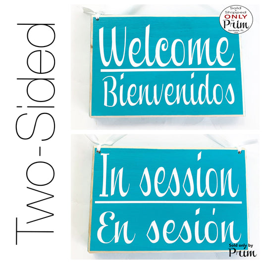 Two Sided 8x6 Welcome Bienvenidos In Session En Sesion Custom Wood Sign Spanish English Open  Spa Salon Closed Cerrado Office Door Hanger