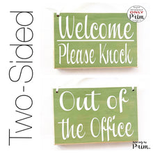Load image into Gallery viewer, Two Sided 8x6 Out of Office Welcome Please Knock Custom Wood Sign | Open Closed Sorry We Missed You Be Back Shortly Office Door Plaque