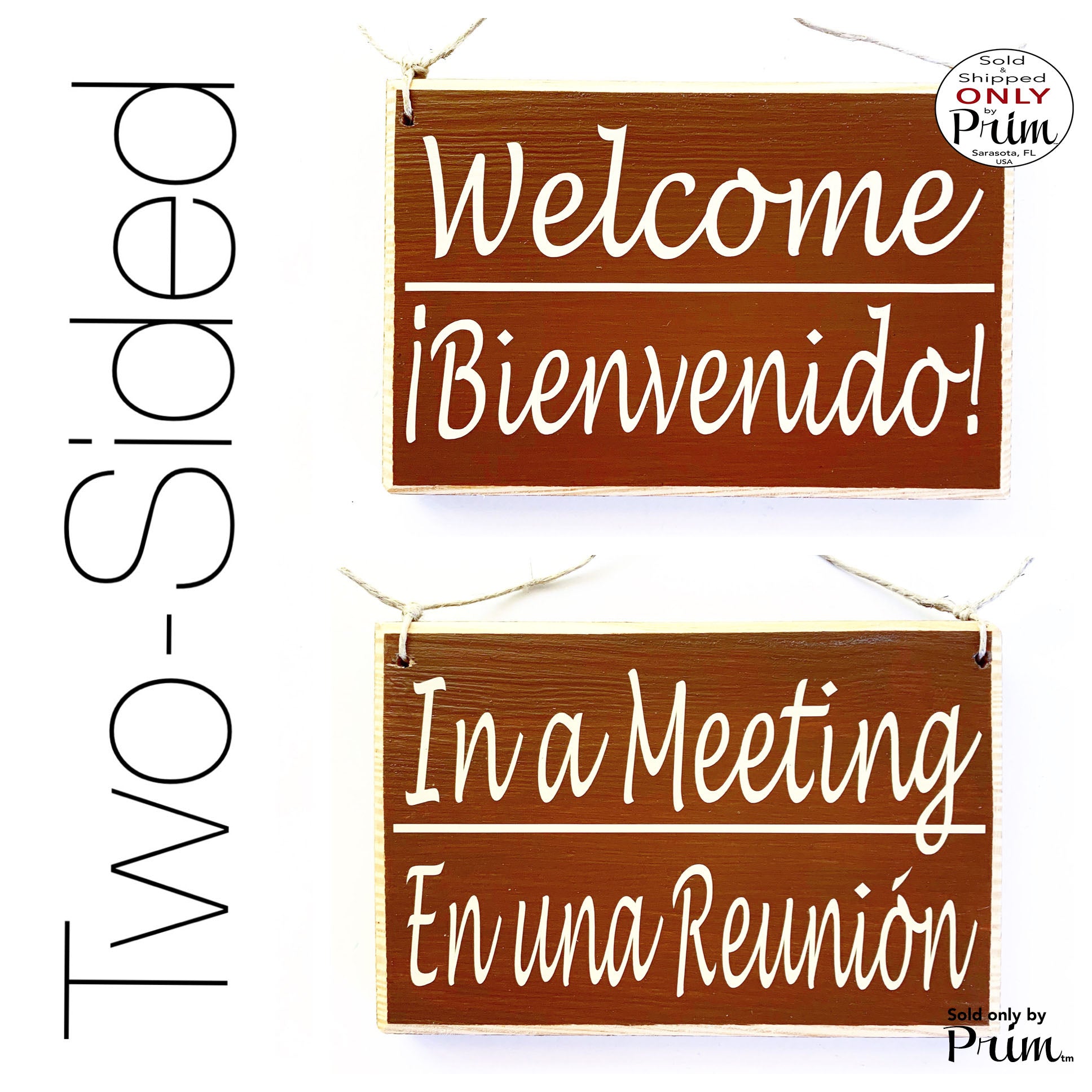 Two Sided 8x6 Welcome Bienvenidos In a Meeting En una Reunión Custom Wood Sign Spanish English Bi-Lingual Cerrado Sesion Office Door Hanger Designs by Prim